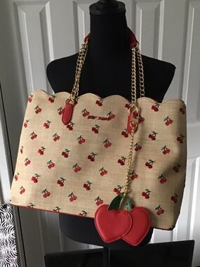 NWOT Betsey Johnson Beige Tote with Red Cherry Print and Gold Chain Handles